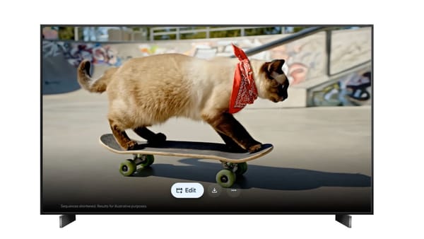 Google TV screen showing a Veo-generated video of a cat skateboarding via Gemini