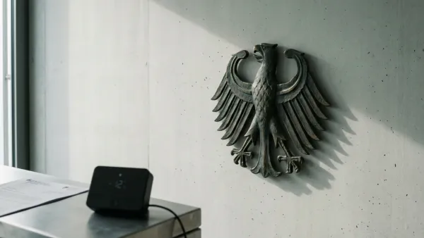 German federal eagle on concrete wall beside a connected smart thermostat and printed document