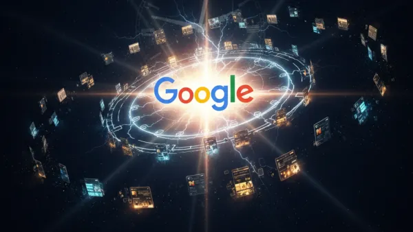 Google May 2026 core update shockwave with orbiting search ranking cards in deep space