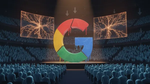Giant Google G on stage before a silent crowd, symbolizing the muted I/O 2026 reception