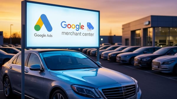 Google Ads and Merchant Center logos on dealership signage with cars at dusk
