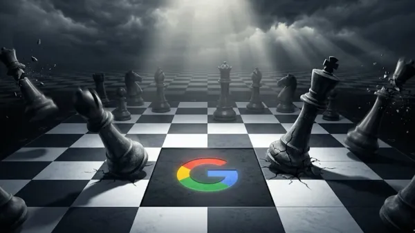 Chess pieces fall around Google's logo as the May 2026 core update reshapes search rankings.