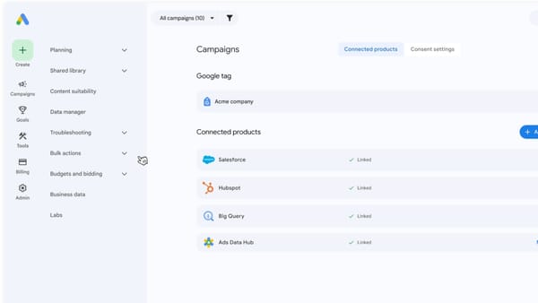 Google Ads Data Manager showing connected products: Salesforce, HubSpot, BigQuery, Ads Data Hub.