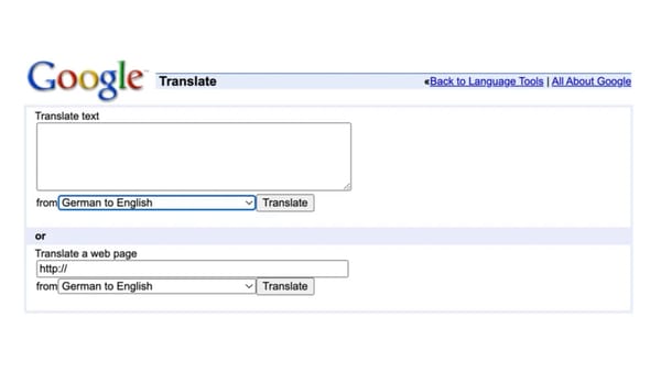 Google Translate 2006 interface showing text and web page translation from German to English.