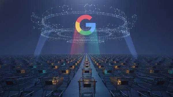 Google UCP protocol hovers over thousands of dark shopping carts with only a few glowing