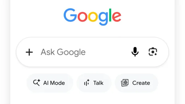 Google Search app showing AI Mode, Talk, and Create buttons below the search bar