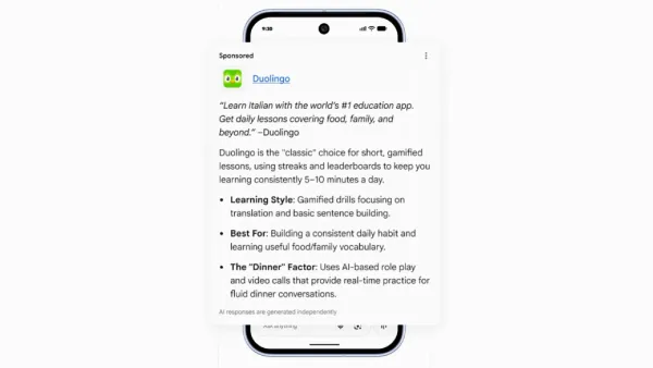 Duolingo Highlighted Answer ad in Google AI Mode with independent AI explainer, mobile