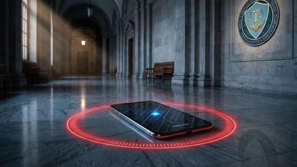 FTC courthouse seal, smartphone with GPS map and red perimeter ring, Kochava location data case