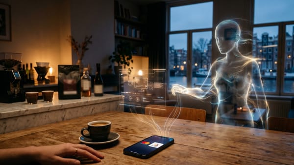 AI agent completes a payment on a smartphone with Mastercard and Rabobank logos in Amsterdam