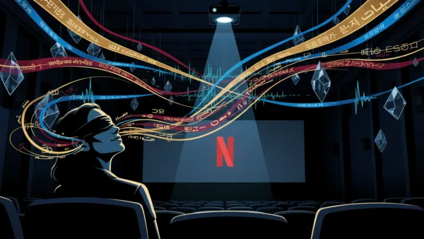 Stylized viewer in dark cinema with multilingual audio description ribbons flowing to Netflix screen