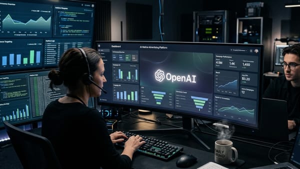 Marketers monitor OpenAI Ads Manager dashboard with CPC metrics on a dark curved screen.