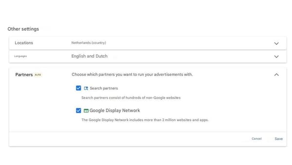 Google Ads Partners Alfa setting in Performance Max showing Search partners and Display Network.