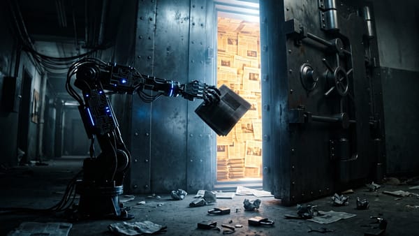 A robotic arm pulls newspapers from a vault, illustrating AI scraping of publisher content.