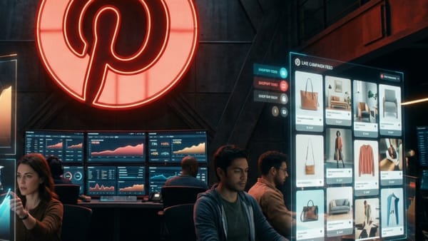 Pinterest ad platform command center with campaign dashboards and shoppable product pins.