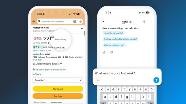 Amazon Rufus price history link on product page and chat interface on mobile app