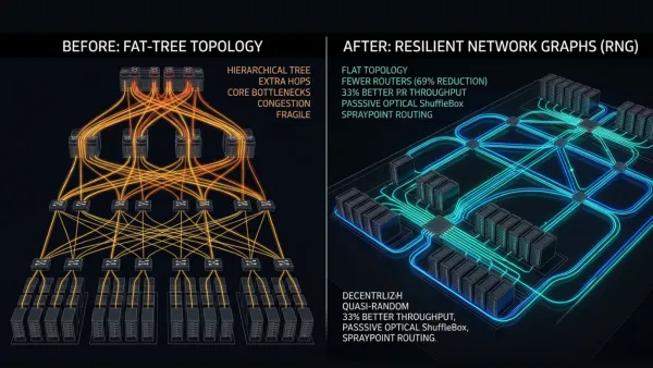 Fat-tree vs RNG topology: AWS data center network comparison showing 69% router reduction