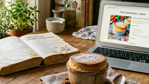 Open cookbook and food blog on laptop beside a fresh soufflé on a kitchen counter