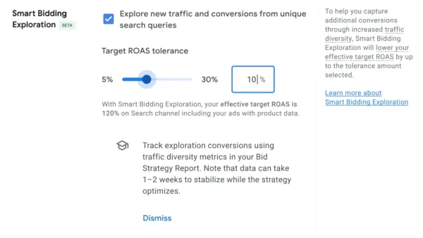 Smart Bidding Exploration beta UI showing Target ROAS tolerance slider set to 10% in Google Ads