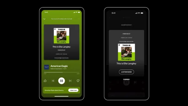 Spotify mobile screens showing an American Eagle sponsored ad format in the Now Playing view