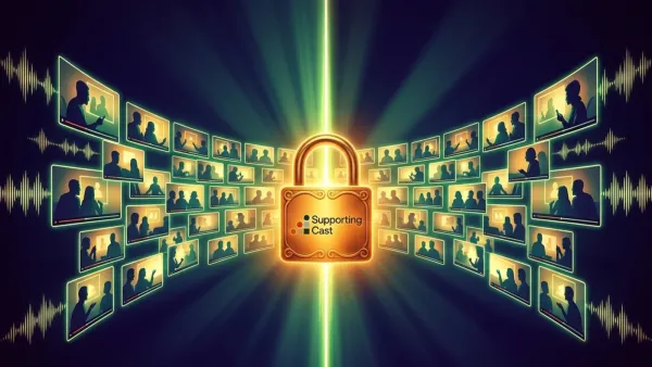 Glowing padlock surrounded by exclusive video frames and audio waveforms on dark background.