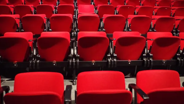 Empty red theater seats at a TV upfront presentation venue in New York City, May 2026.