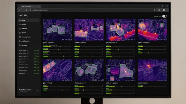 AVIAN thermal monitoring dashboard showing live infrared camera feeds across industrial sites