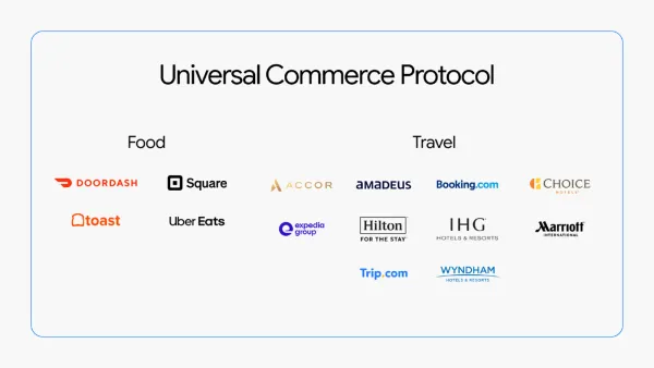UCP partner logos: DoorDash, Uber Eats, Booking.com, Hilton, Marriott, Expedia, and more