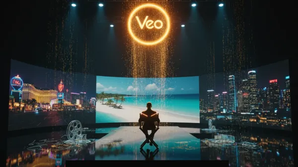 Director silhouetted before AI-generated worlds on a single stage, powered by Veo.