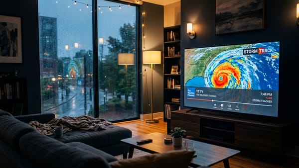 The Weather Channel streaming on YouTube TV in a living room during a rainstorm.