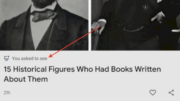 Google Discover card showing the 'You asked to see' label above an article headline