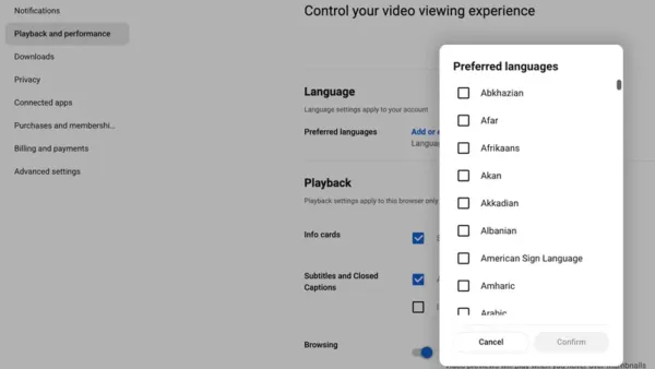 YouTube preferred languages picker in Playback settings, showing multilingual options.