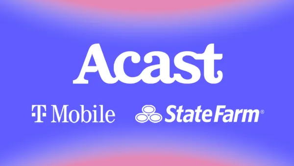Acast, T-Mobile and State Farm logos on blue gradient background for Apple Podcasts video ads