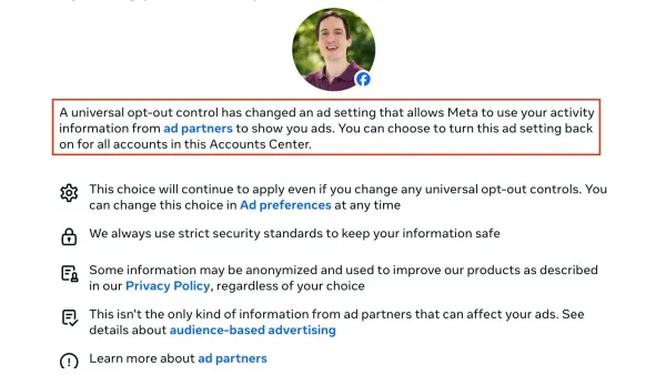 Facebook notification showing GPC opt-out disabling ad partner data use in Meta Accounts Center