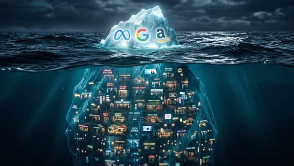 Iceberg with Meta, Google, Amazon logos above water, small businesses submerged below