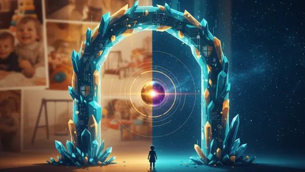 Crystal digital gate separating childhood from the internet, child silhouette at threshold