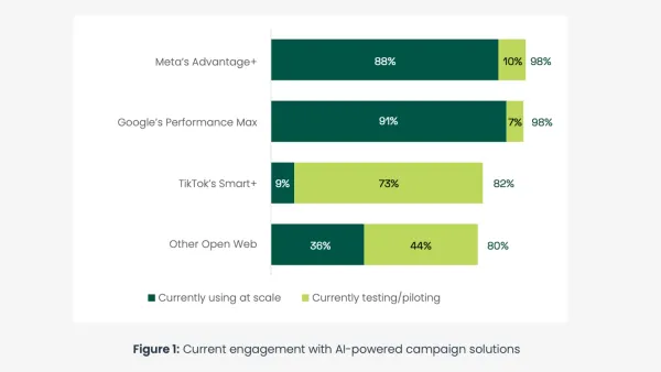 Bar chart showing AI campaign adoption: Performance Max and Advantage+ at 98%, open web at 80%.