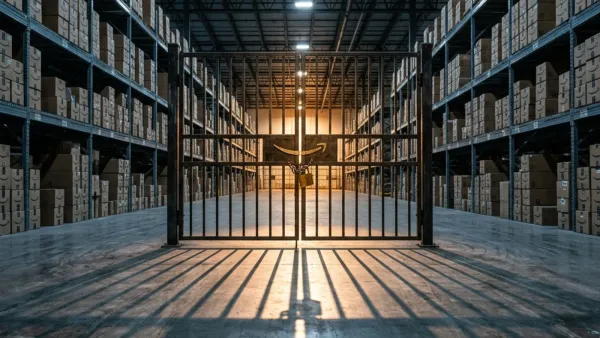 Padlocked iron gate bearing the Amazon logo blocks a warehouse aisle lined with branded boxes.