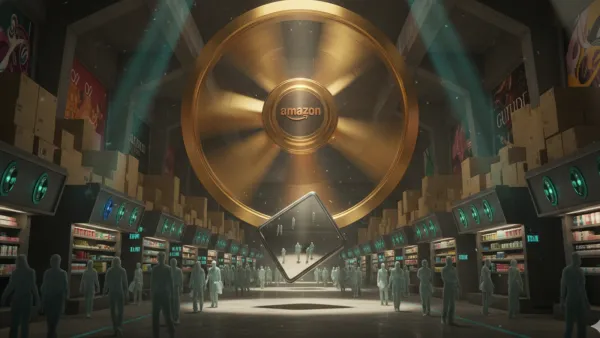 Amazon flywheel towers over ghost shoppers drifting past claimless ads in a vast digital marketplace
