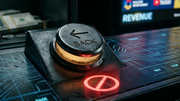 Browser back button with red no-entry signal on a digital panel, AdSense vignette ad trigger