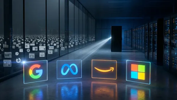Google, Meta, Amazon, and Microsoft holographic logos in a data centre, open web fading behind.