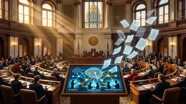Colorado legislature chamber with AI decision network display and Capitol dome, Denver