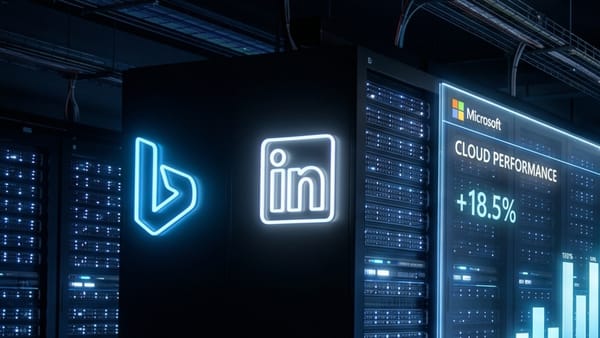 Bing and LinkedIn logos glow inside a Microsoft datacenter amid AI cloud infrastructure.