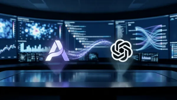 Adthena and ChatGPT logos connected by data streams in an AI ads intelligence command center