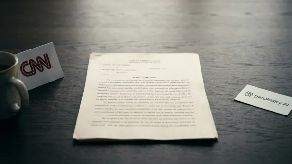 CNN legal complaint document on desk flanked by CNN and Perplexity AI logos