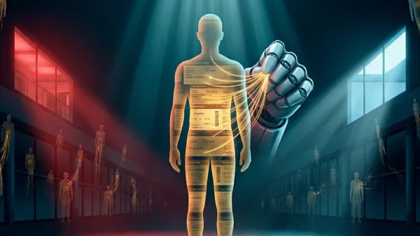 Mechanical hand extracts glowing passenger data from a translucent human figure in a dark terminal