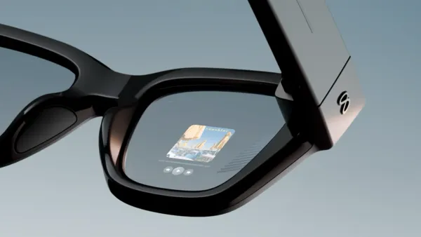 Meta Ray-Ban Display glasses showing a music player app on the in-lens display