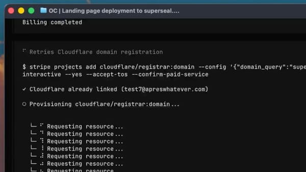 Stripe CLI terminal showing an AI agent provisioning a Cloudflare domain registration autonomously