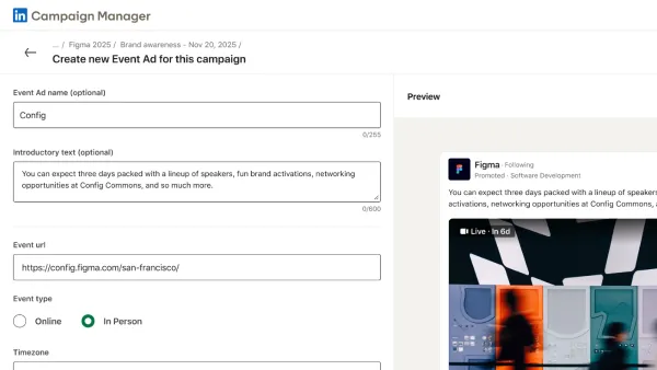 LinkedIn Campaign Manager interface showing off-platform Event Ad creation for Figma Config 2026
