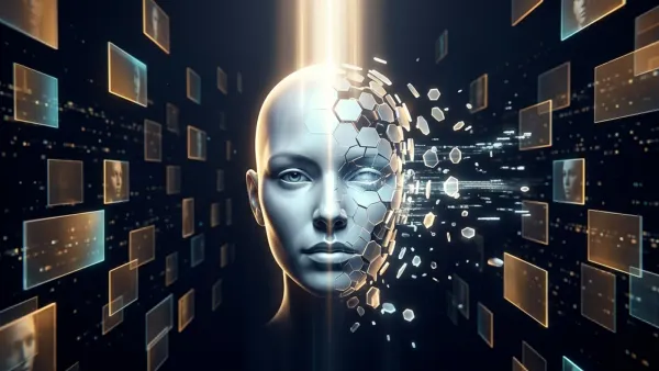 Stylized face fragmenting into hexagonal shards, representing AI likeness detection on YouTube.