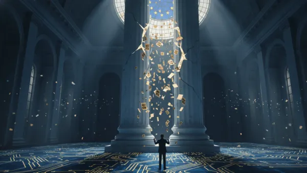 EU institutional hall with cracked column and cascading search cards, digital circuit floor